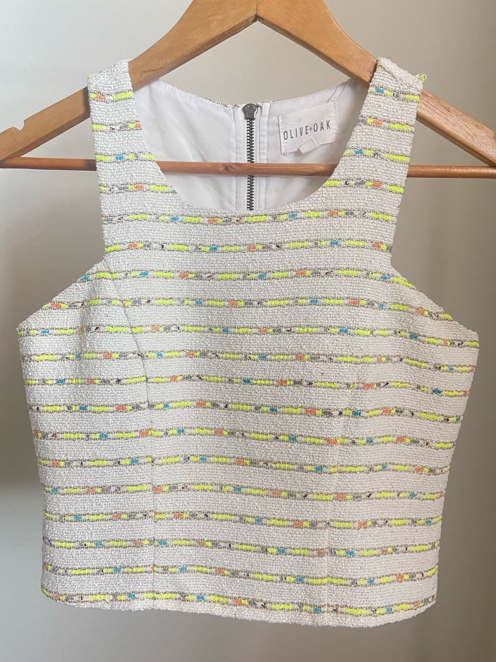 Olive & Oak White Tweed Crop Top with Neon Yellow, Blue, and Coral Accents